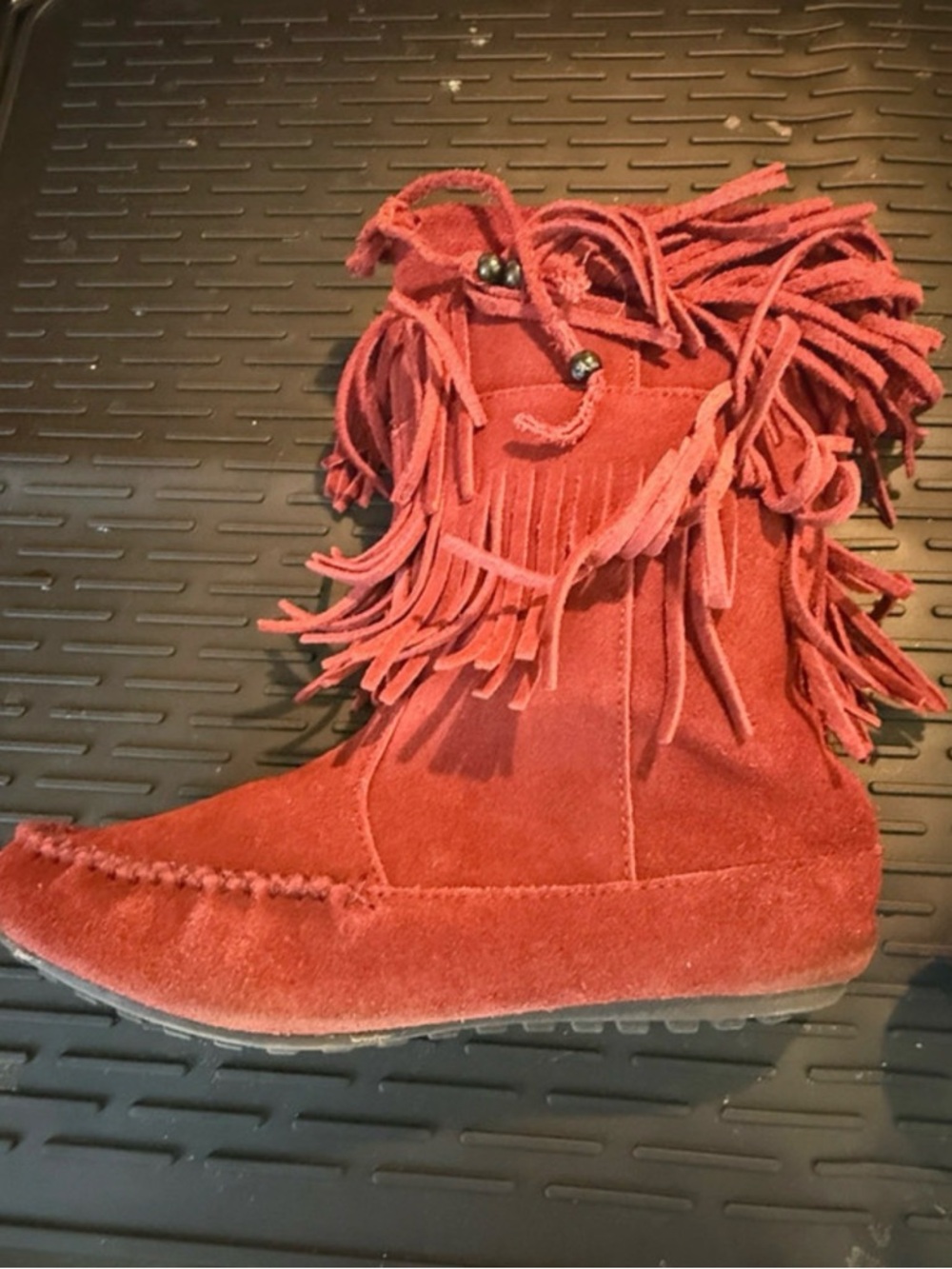 Minnetonka Red Suede Fringe Moccasin Boot